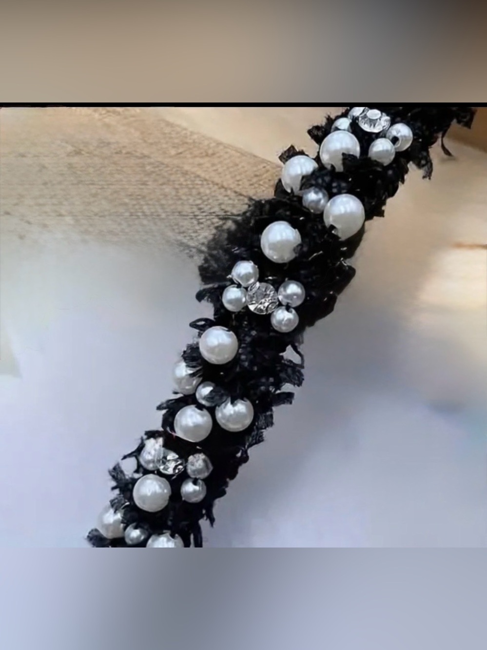 1 Yard Black & White, Pearl & Rhinestone Appliqué Craft, Clothing New